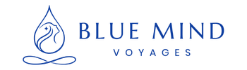Blue Mind Voyages horizontal logo with blue water droplet icon and text for wellness cruises